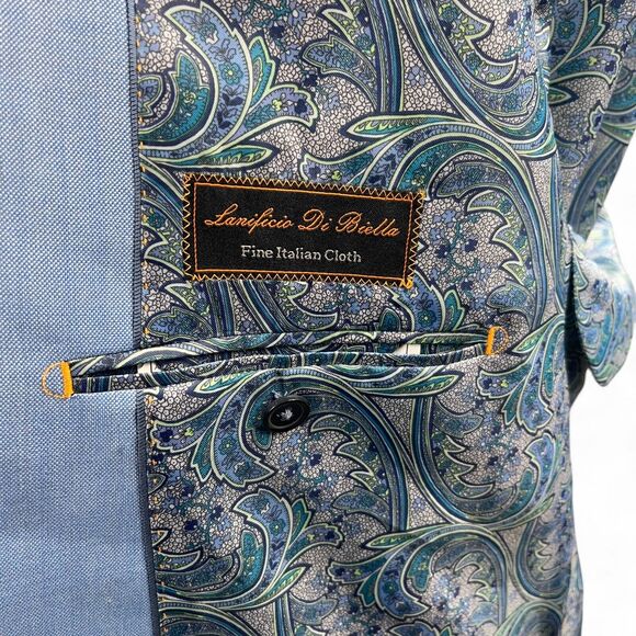 Tiglio Luxe 100% Wool Blue Sangria Jacket Blazer 48R Viscose Paisley Lining - Picture 9 of 13
